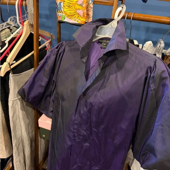 Ralph Lauren Black Label Purple Silk Taffeta Button-Up Blouse with Pouf sleeves - Picture 3 of 4